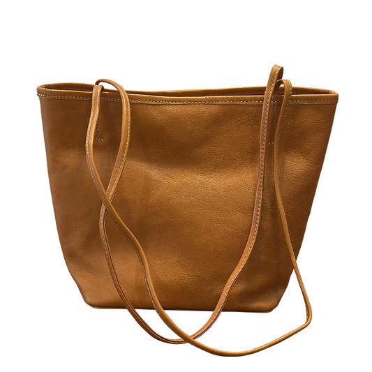Vintage First-Layer Cowhide Leather Tote Bag | Premium Retro Bucket Shoulder Bag
