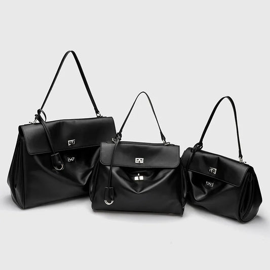 Smooth Calfskin Leather Single-Shoulder Tote Bag with Lock Buckle | Convertible Commuter Handbag